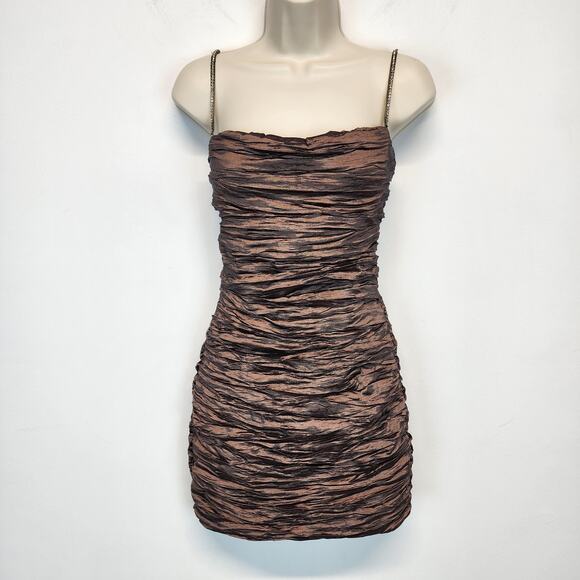 Vintage Ruched Crinkled Bodycon Cocktail Mini Dress Size M Dark Brown Ariella - Picture 1 of 15